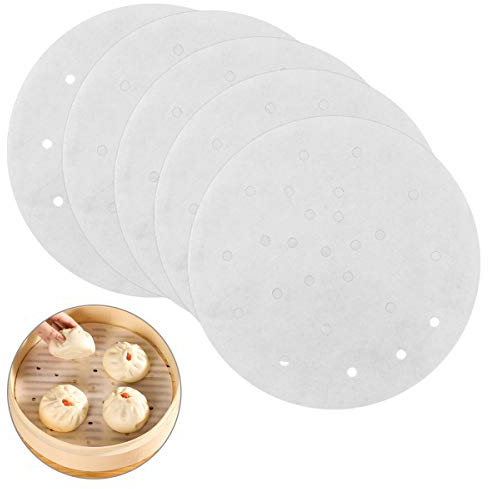 100 Stk Dampfgarer Papier, Perforiert Backpapier Antihaft, Rund Pergament Papier für Air Fritteusen, Steamer Liner Dim Sum Papier für Bambus Dämpfen Matte, Dampfkorb von Brot, 20 cm/8 inch, Weiß