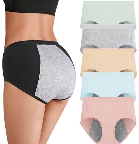 Bysion Mutandine Donna per Il Periodo mestruale in Cotone Protettivo Culotte Vita Alta Slip a Prova di perdite Traspiranti Biancheria Intima Dopo Il Parto con 4 Strati Anti perdite 5 Pezzi