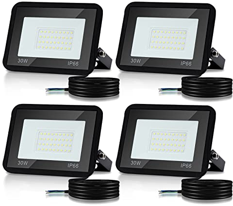 Lospitch 30W LED Strahler Außen, 4 Stücke Superhell 2550LM LED Fluter 6000K Kaltweiß Außenstrahler, IP66 Wasserdicht Sicherheitslampe für Baustelle Hof, 120° Abstrahlwinkel (kein Stecker)