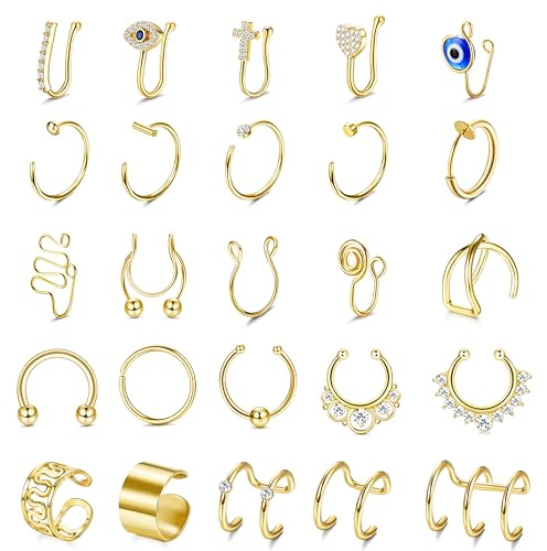 JeweBella 25 Näsringar i Konstgjort Rostfritt Stål, Fake Septum Piercing, Läpp Ring i Silver/Guld/Svart/Roséguld för Låtsaspiercing i Näsan