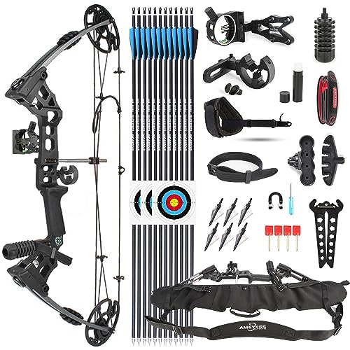 SHARROW Compoundbogenset 20-70 LBS Einstellbare Jagd Compound Bogen und Pfeil Set für Erwachsene Anfänger Outdoor-Schießen Bogenschießen Set LH/RH (Linke Hand, Schwarz)