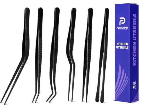 Kitchen Tweezer Tongs Set,6 Pcs Kitchen Tweezers,6.3 Cooking Tweezers Set,Stainless-Steel Food Chef Culinary Tweezers Tongs for Baking Decorating Feeding Plating,Black