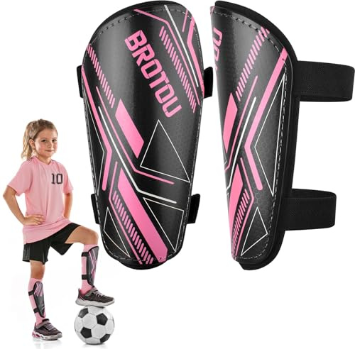 Junior Shin Pads, BROTOU Youth Football Shin Guards, Breathable Non Slip Extended Adjustable Straps Lightweight High Strength Leg Calf Protective Gear for Boys Girls Teens (Black-Pink, L)