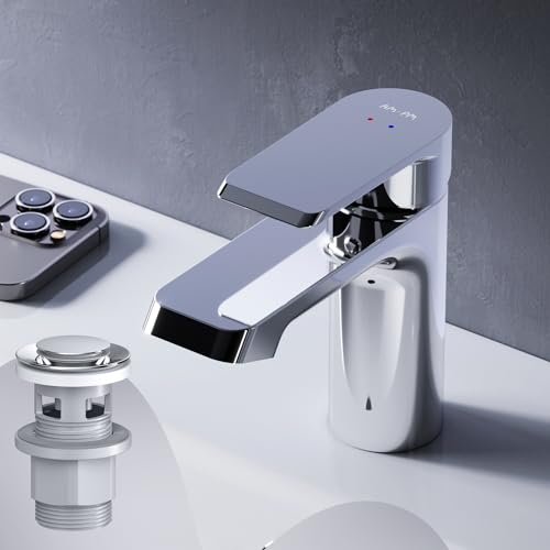 AM.PM Flash - Wasserhahn Bad mit Klick-Ablaufgarnitur, Einhebel-Waschtischarmatur mit Ablaufgarnitur, Einhandmischer Waschbecken, Badarmatur Mischbatterie Waschtischmischer für Badezimmer