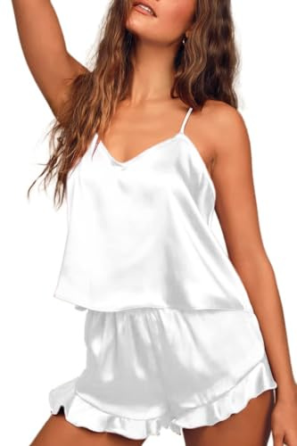 Ekouaer Ensembles de Pyjama Femmes en Satin Lingerie Sexy Vêtements de Nuit Cami Shorts Col en V 2 Pièce Pyjama en Satin de Soie pour Femme,S-2XL
