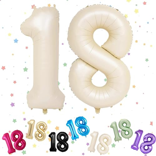 Globos de cumpleaños 18 años Beige, Foil Globo Numero 18, 101CM Globos de Helio Número 18, Crema Globos de Helio Número 18 Para Niños y Niñas Cumpleaños Fiesta Aniversario, Vuelan con Helio