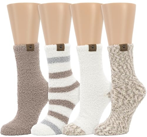 BEARPAW 4 Pair Pack Cozy Super Soft Lounge Socks Multi Pattern Crew Socks, Taupe