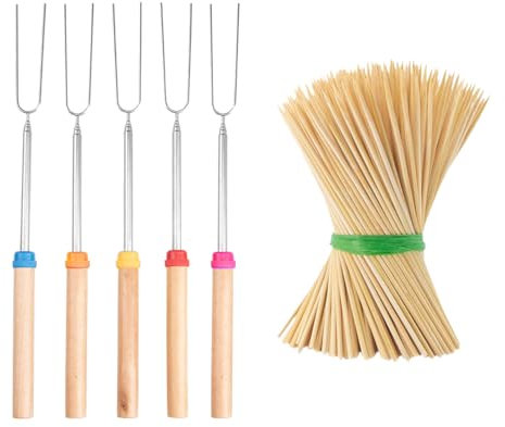5 Stück Grillgabeln und 90 Stück Grillspieße, Campingzubehör, Marshmallow-Backgabeln, Backsets, Feuerstellenzubehör
