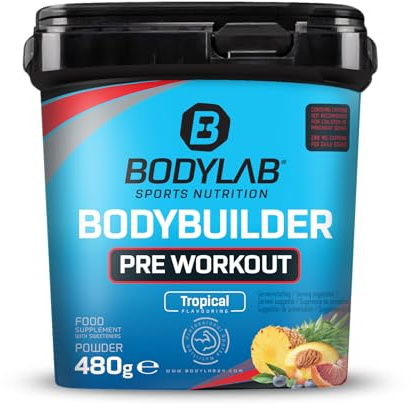 Bodylab24 Bodybuilder Pre Workout Tropcial 480g, mit verschiedenen Aminosäuren (Citrullin, Arginin, Glycin, Tyrosin, Taurin), Koffein und verschiedene Pflanzenextrakte, fruchtig im Geschmack