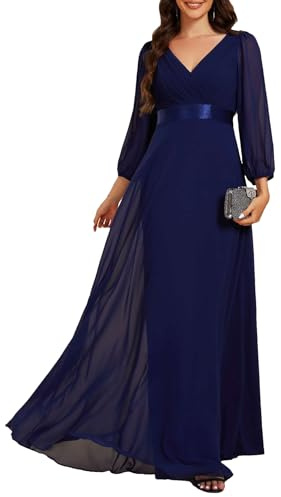 Ever-Pretty Abito da Cerimonia Eleganti Donna Vestito da Sera a Maniche Lunghe Chiffon Maniche Lunghe Scollo a V Blu Navy 36