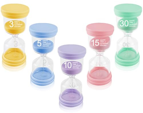 VicBou 5 Pièces Sablier Enfant, Colore kit en Verre Transparent, 3/5 /10/15 /30 Min - Minuteur Sabliers, Applicable à brosser Les Dents, Salle de Classe, Cuisine et Bureau à Domicile