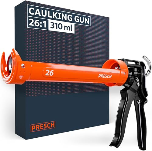 Presch Silicone Gun 26:1 Thrust Ratio – Caulking Gun for up to 310ml cartridges (High Viscosity, High Tack Adhesives & Mortar) – 360° Rotatable with Integrated Puncture pin