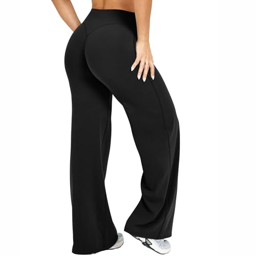 Womens Yoga Pants No Front Seam Straight Leg Bottoms High Waist Wide Leg Leggings Stretch Loose Gym Trousers 30.5 Height 5'2-5'4