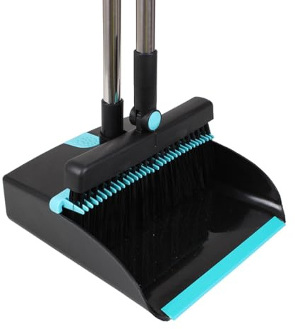 Fit For The Job Long Handled Dustpan & Brush Set – 1.1m Upright Broom & Dust Pan with 8-Part Aluminium Pole, Rubber Lip, Built-In Comb & Clip Storage – Heavy Duty Indoor & Outdoor Cleaning