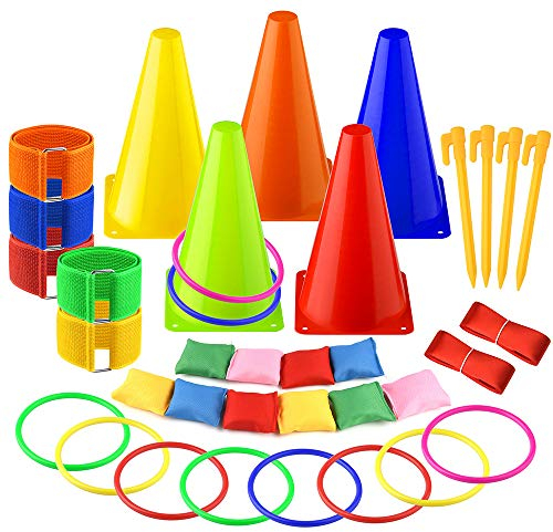 FEPITO 6 in 1 Ostern Outdoor-Spiele Combo Set Karneval Cornhole Sitzsäcke Ring Toss Game Supplies 36 eiliges Set