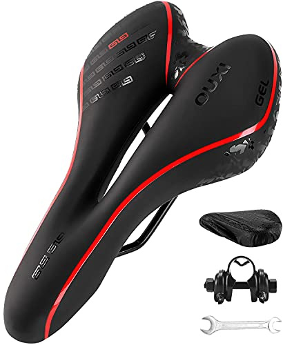 OUXI Comfort Bike Seat Comfortable Gel Bicycle Saddle Replacement Soft Padded with Shock Absorbing Waterproof for MTB Mountain Bike Road Bike Exercise Bike Men Women and Ladies-Red