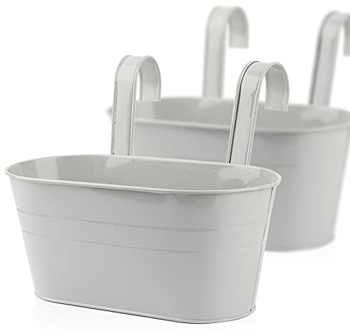 ABSDON Metal Hanging Flower Pots with Detachable Hook Colorful Plant Pot Wall Planter Bucket for Fence Balcony Garden Ornament Home Decor (Grey, 2 Pcs)