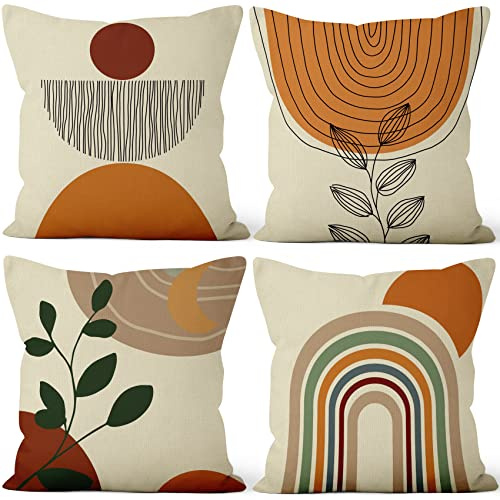 Aoihrraan Boho Cushion Covers Pack of 4, 51 x 51 cm Abstract Rainbow Sun Throw Pillow Covers Mid Century Decorative Square Pillow Case, Linen Throw Pillowcases With Invisible Zipper for Sofa Car Bed