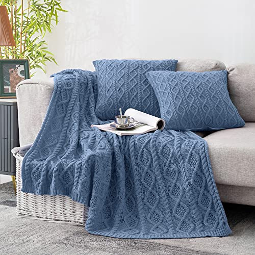 Homiest Cable Knit Throw Blanket and Pillow Set, Grayish Blue Throw Blanket Set of 3, Knitted Throw Blanket (50x60) & 2 Pillow Covers (18x18), Soft & Cozy Decorative for Couch Sofa Bed