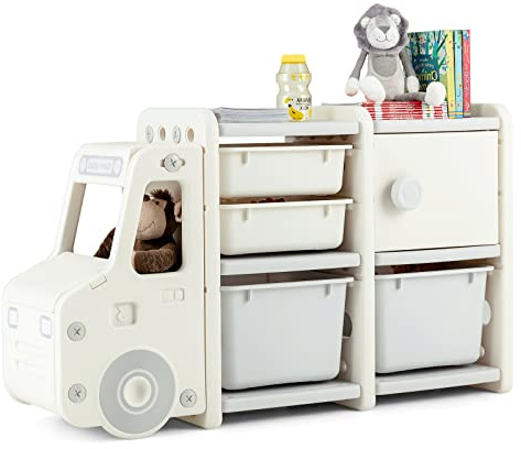 RELAX4LIFE Organizatore per Giocattoli a Forma di Camion, Scaffale per Bambini con 4 Contenitori Rimovibili e 1 Armadietto per Cameratta e Asilo Nido (Grigio)