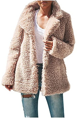 Fleece Jacket Women Sherpa Plush Coat Winter Thick Thermal Outwear Teddy Bear Coats Loose Mid Length Overcoat Warm Soft Fur Outerwear Ladies Open Front Comfy Long Jackets Fluffy Fuzzy Overcoat