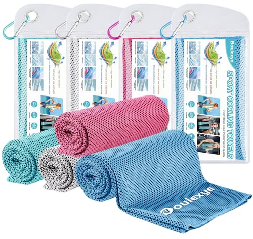 Bouiexye 4 toallas de refrigeración de 100 x 30 cm, azul lago, azul cielo, rosa y gris, toalla de refrigeración instantánea, toalla de microfibra para deportes, fitness, yoga, viajes, correr