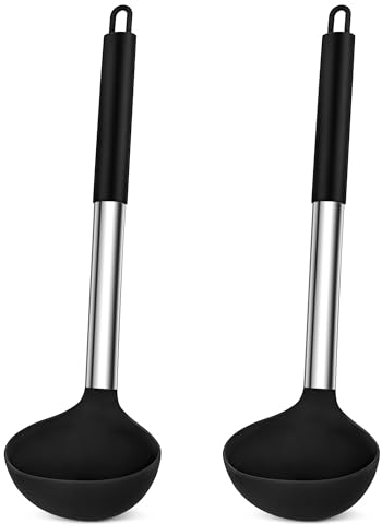 HaWare Mestolo in silicone, 2 mestoli da 30 cm, con manico in acciaio inox, grande mestolo per servire e preparare zuppe e stufati, resistente al calore e lavabile in lavastoviglie, colore: nero