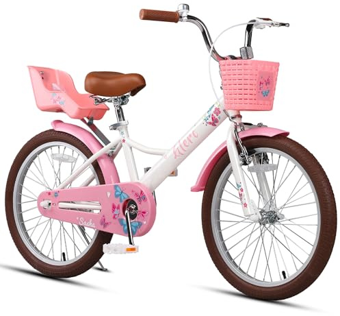 Glerc Sasha Girls Bike, 20 Inch Bicycle for Ages 7-13 Years Old Children, Retro Vintage Style Kids Bicycle with Doll Bike Seat and Basket, White
