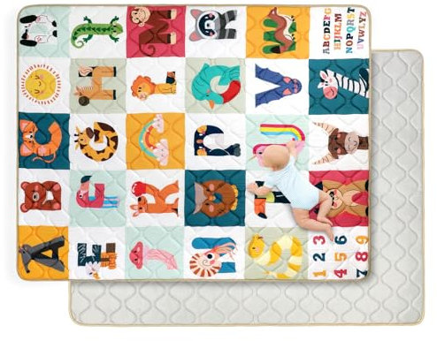 decalsweet Spielmatte Baby 150×180cm mit Rutschfest, Extra Dicke 2cm Weiche Krabbelmatte Baby, Faltbar Krabbeldecke für Baby Krabbelteppich für Kinderzimmer Indoor Outoor Zaun (Tierisches Alphabet)