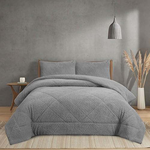 NH NOVOTEXTIL HOGAR Edredón Invierno Sherpa Cama 135 (230x260) Extra Grueso 560gr/m2 Efecto Borreguito - Edredón Suave, Cálido y Transpirable con 2 Fundas Almohada (50x70) (Belfast Gris)