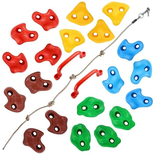 TOPNEW 20 Stück Klettergriffe Kinder Klettersteine Kinder Kletterwand Griffe Kommt mit 2 Rot Haltegriffe, Knotenseil für Kinder, Befestigungsmaterial für Spielturm und Kletterwand Kinderzimmer
