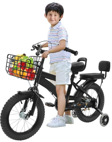 CUMELLIIR Vélo enfant 14 pouces pour garçon et fille, vélo avec roues stabilisatrices, panier avant et dossier, hauteur réglable, vélo pour enfant à partir de 4 ans en acier au carbone de haute
