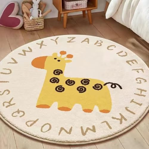 Alfombras Redonda Alfombra Habitación Lavable Antideslizante Muy Suave para Salón o Dormitorio, Esponjosa de Cama Infantil Lavable Bebe Niña Niño De Juego Ovejas Jirafa León (Amarillo, 120x120cm)