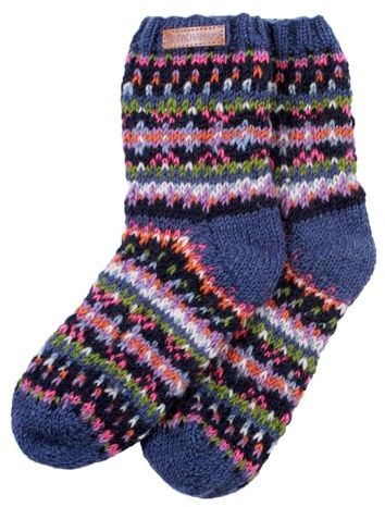 Pachamama Calcetines de cama para mujer, 100 % lana, hechos a mano, tradicionales Fairisle, coloridos, talla M, 4-7, hechos a mano, extra cálidos, de comercio justo, azul vaquero, talla única