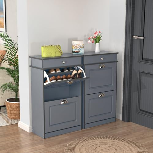 HUOLE Mobile Scarpiera, Mobile Portascarpe da ingresso, Comò per scarpe, Armadio per scarpe, con 2 scomparti, Mobile d'ingresso, 82 * 52 * 23 cm - Grigio (2 pezzi)