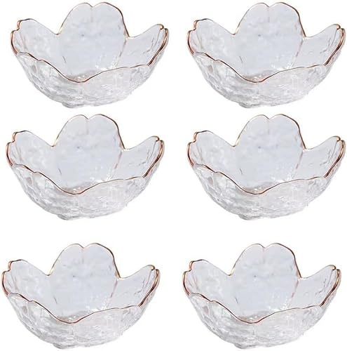 PIPITA Lot de 6 bols transparents en forme de fleur de cerisier pour desserts, épices, sauces, dips en verre Mini-bols en cristal pour glace, dessert, en-cas, ketchup, sauce soja, vinaigre