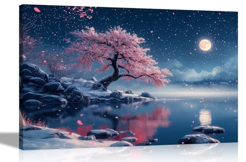 Artley Prints - Winter Lake Mountain Landscape Pink Cherry Tree Canvas Wall Art Prints Framed Pictures Contemporary Artwork Extra Large 101 x 76cm (40 x 30 inches)