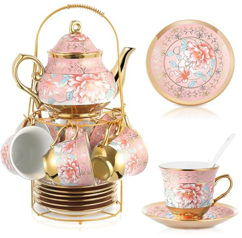 Zhehao 20 Pcs Porcelain Tea Set with Metal Holder and Spoon Adult Ceramic Tea Set European Flower Painting Teapot Cup Saucer Spoon for Women Mom Gift, Large Version (Pink Style)