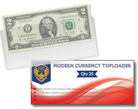 Coin Shield Currency Toploader Sleeves – 25 Pack Rigid Clear Plastic Holders for US Paper Money and Modern Banknotes