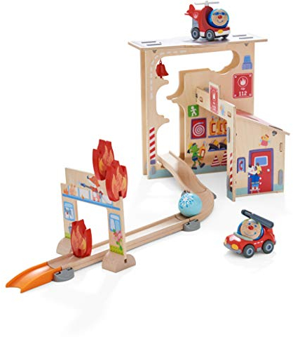 HABA 304847 - Kullerbü – Spielbahn Feuerwehrwache, Holzkugelbahn mit vielen Spieleffekten, Feuerwehrauto und Feuerwehrhubschrauber, Motorikspielzeug ab 2 Jahren