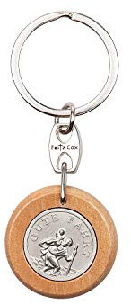 Fritz Cox Saint Christophe avec bord en bois et texte « Gute Fahrt » – comme plaque de voiture ou porte-clés, 3 cm, argenté, M