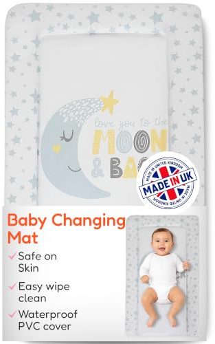 Babycurls Baby Changing Mat with Raised Foam Edges - Wipe Clean Waterproof PVC Nappy Changing Mat - Hypoallergenic Foam - UK Made Nursery Essential, Love You to the Moon & Back, 76 x 45 cm Baby Pad