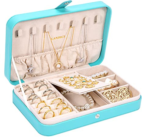 LANDICI Small Jewelry Box for Women Girls, PU Leather Travel Jewelry Organizer Case, Portable Jewellery Storage Holder Display for Ring Earrings Necklace Bracelet Bangle Watch Men Kids Gift, Lake Blue