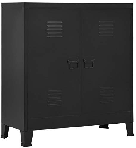 SKM Armario archivador de oficina de acero negro, diseño industrial moderno, 90 x 40 x 100 cm, con estantes ajustables, puertas con etiquetas y sistema de ventilación, excelente almacenamiento de