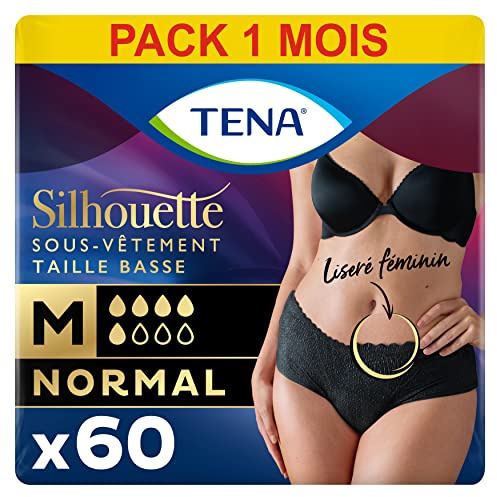 TENA Silhouette Normal a vita bassa - Biancheria intima assorbente usa e getta per incontinenza donna - Post-parto - per perdite urinarie moderate - nero, taglia M - 60 mutandine (pacchetto 1 mese)