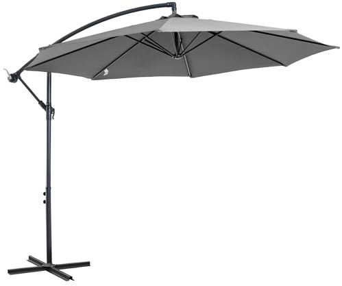 Outsunny Sombrilla de Jardín Ø300x250 cm Parasol Excéntrico Inclinable con Manivela Base Cruzada y Soporte de Acero Protección Solar para Terraza Exterior Gris