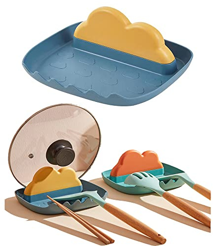Kitchen Utensils Rest with Drip Pad, Heat-Resistant Pot Lid Holder Stand, Cooking Spoon Rest Tools, Countertop Organiser Rack for Spoon, Ladles, Tongs, Spatula, Fork, Cartoon Flatware Rest - Blue