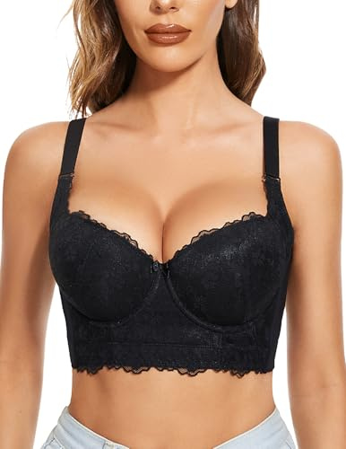 FallSweet Push Up Bras for Women Lace Plus Size Wide Back Underwire Longline Corset Bra(Black, 36C)