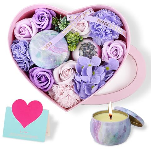 ANBET Regalo donna fiore di sapone cofanetto cuore candele profumate palla da bagno idea regalo originale personalizzato festa del mare Natale compleanno San Valentino viola