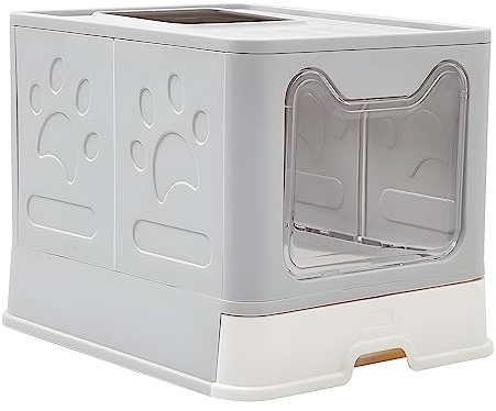 Fellie Foldable Cat Litter Box with Drawer Pan and Scoop, Large Space Hooded Litter Tray, Odor Control Easy Clean Box, 51 x 41 x 38 cm, Grey